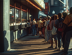 Customers waiting in a long queue at the counter